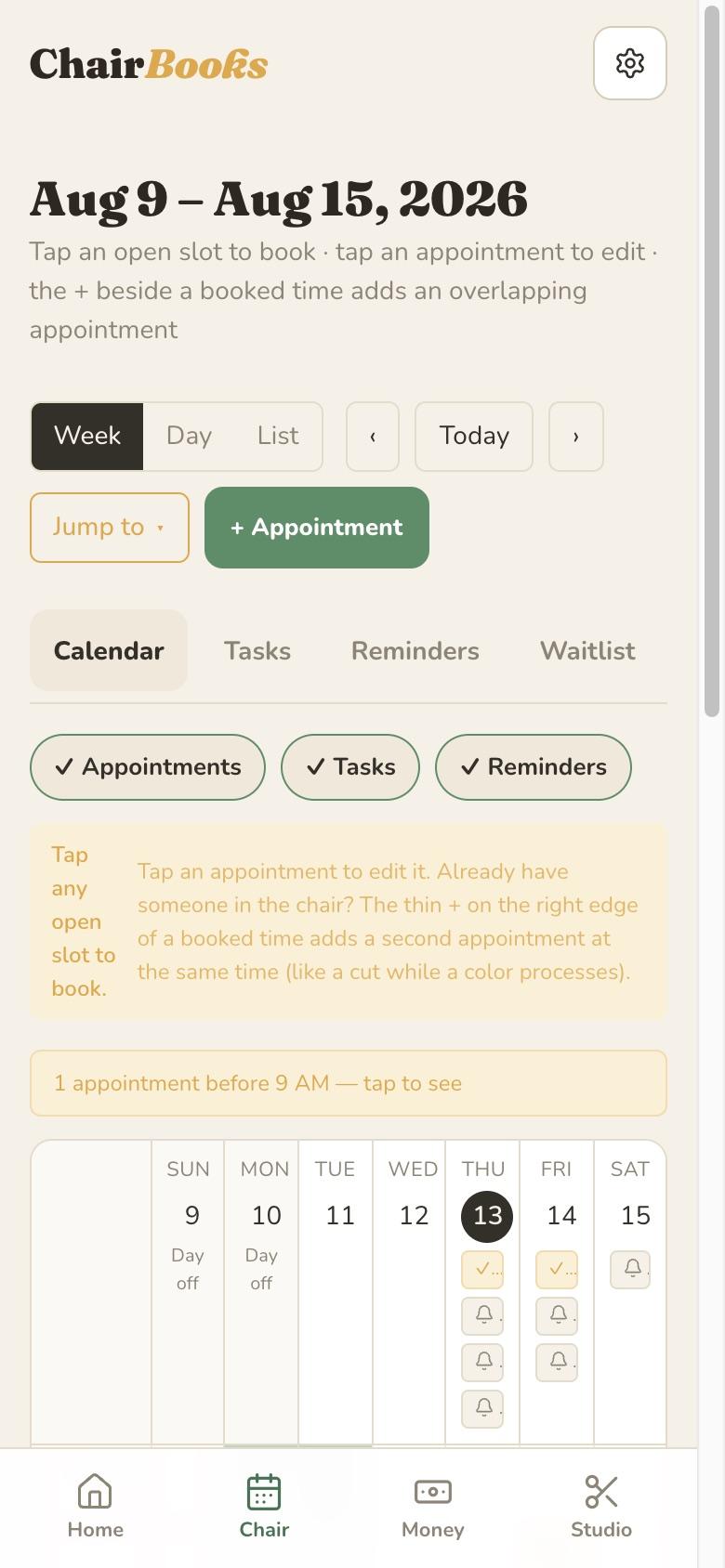 The ChairBooks week calendar, showing a stylist's booked appointments