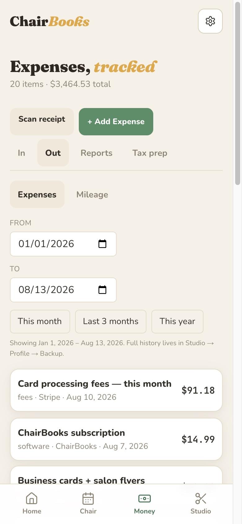 The ChairBooks expense ledger