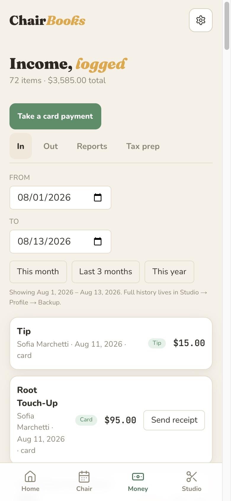 The ChairBooks income ledger