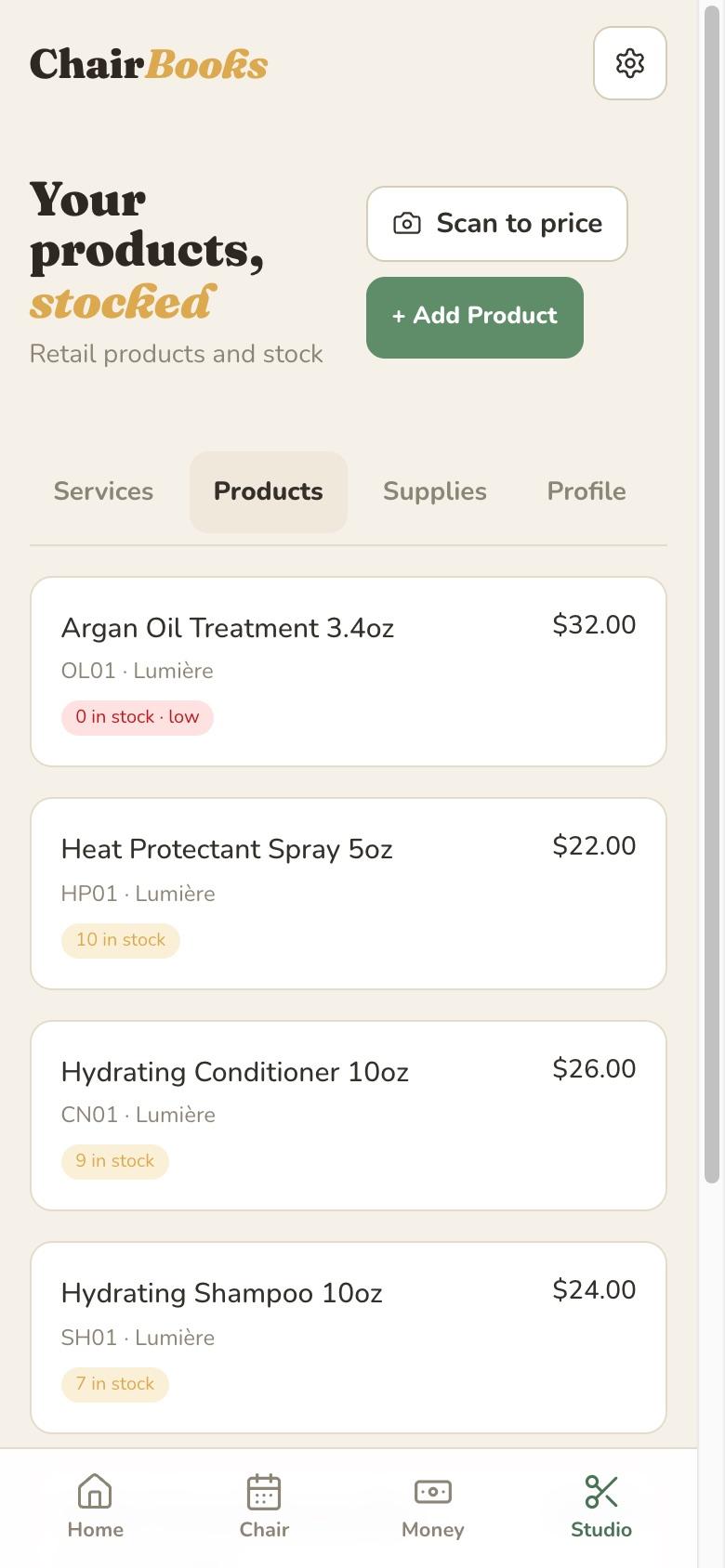 The ChairBooks products view — service menu, retail shelf, and supplies