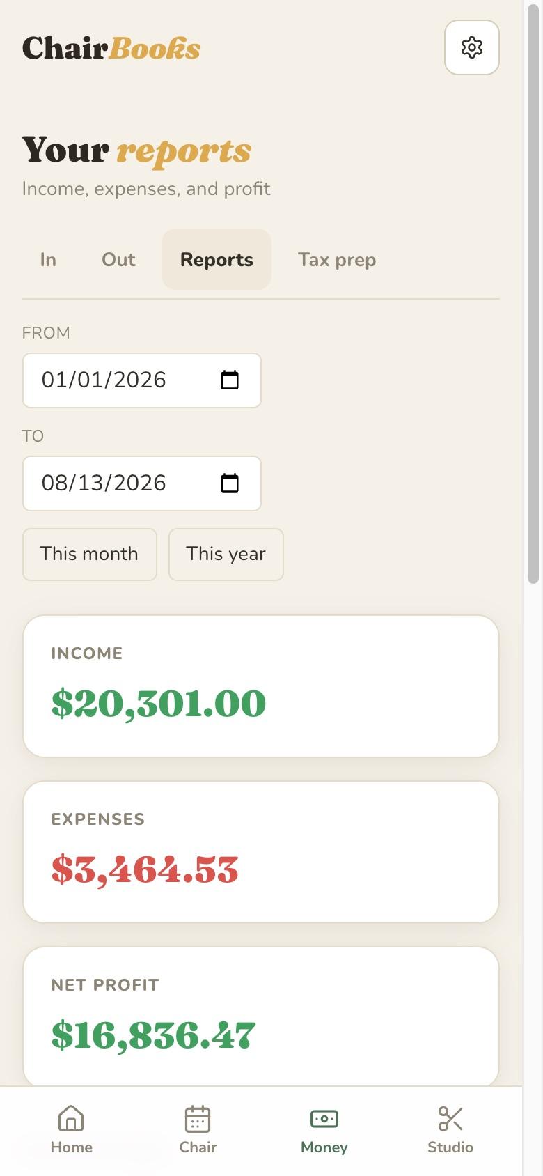 The ChairBooks reports view, income by type and expenses by category