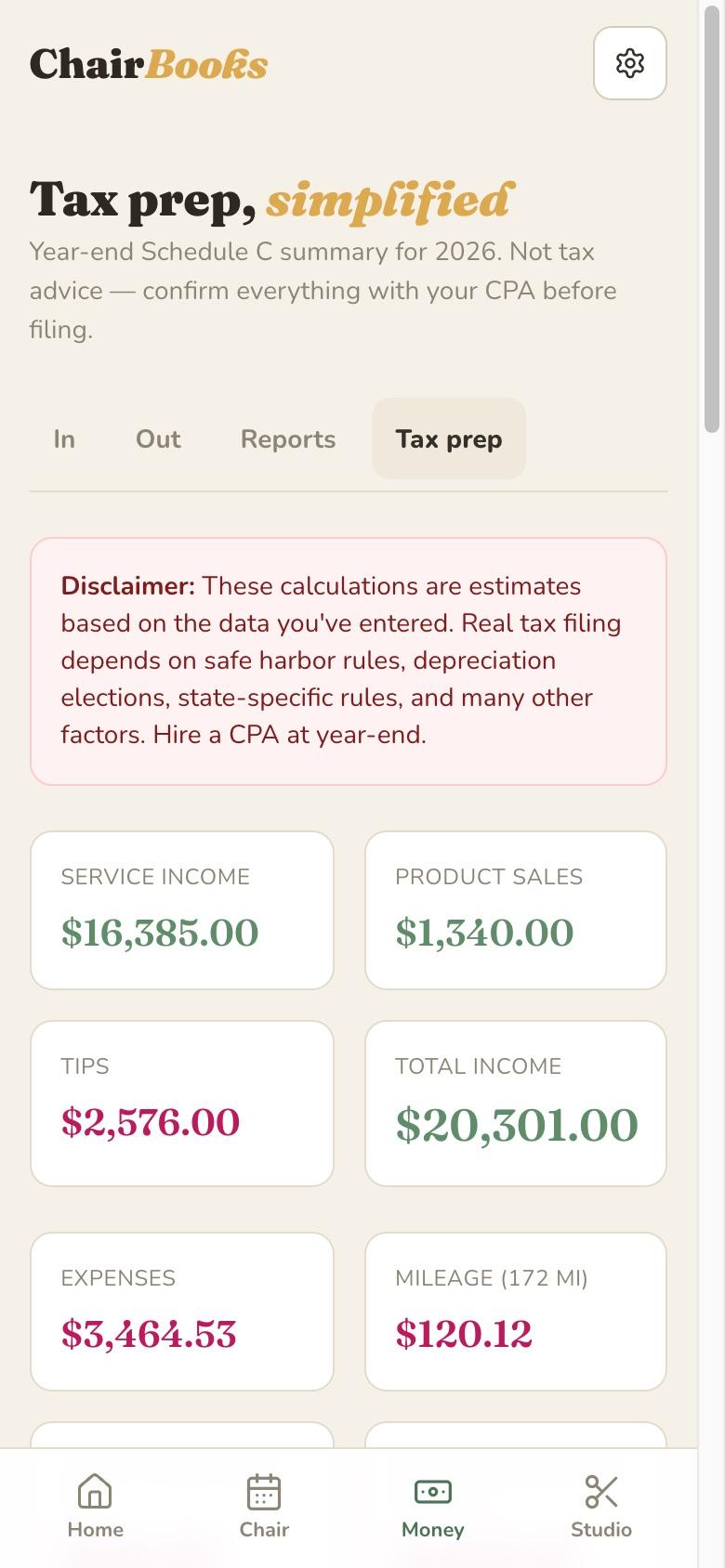 The ChairBooks tax-prep view showing quarterly estimates