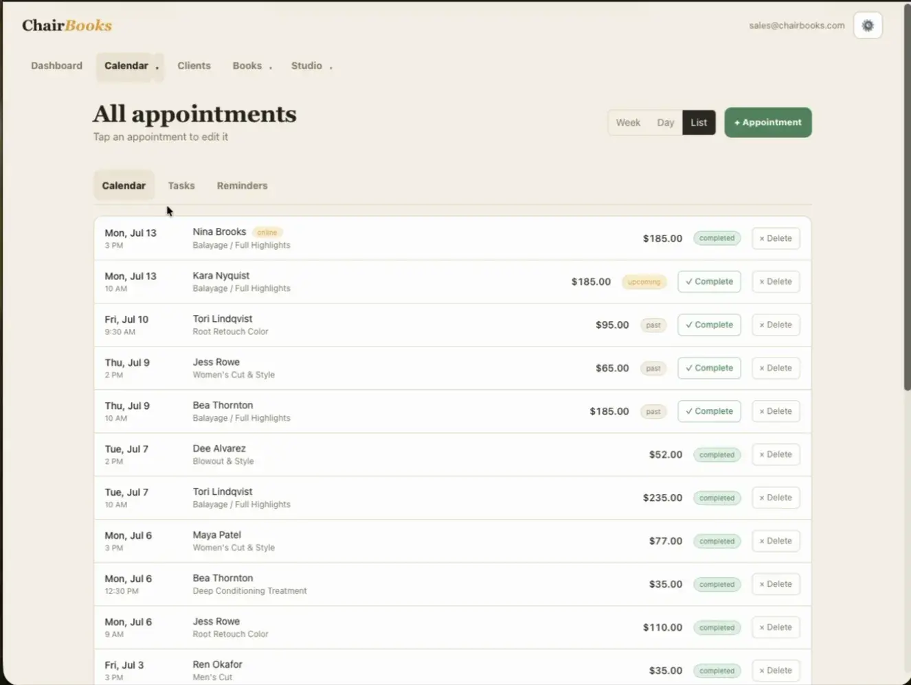 ChairBooks appointments list with Complete buttons and completed pills