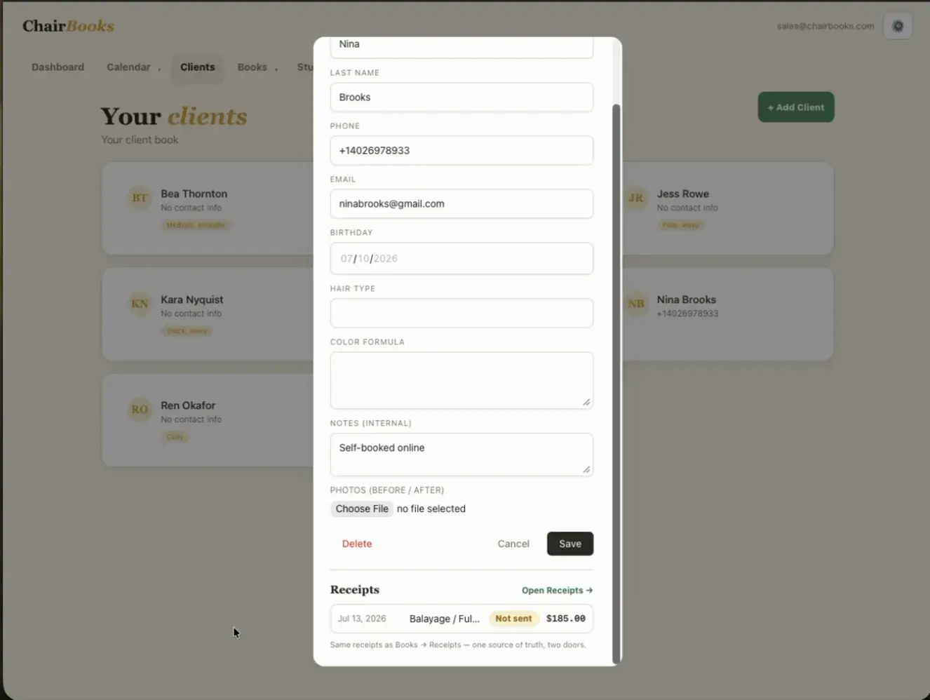 ChairBooks client card with hair type, color formula, notes, and booking history