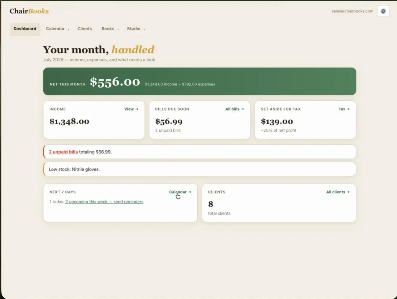 ChairBooks dashboard: net for the month, income, bills due, and set-aside-for-tax