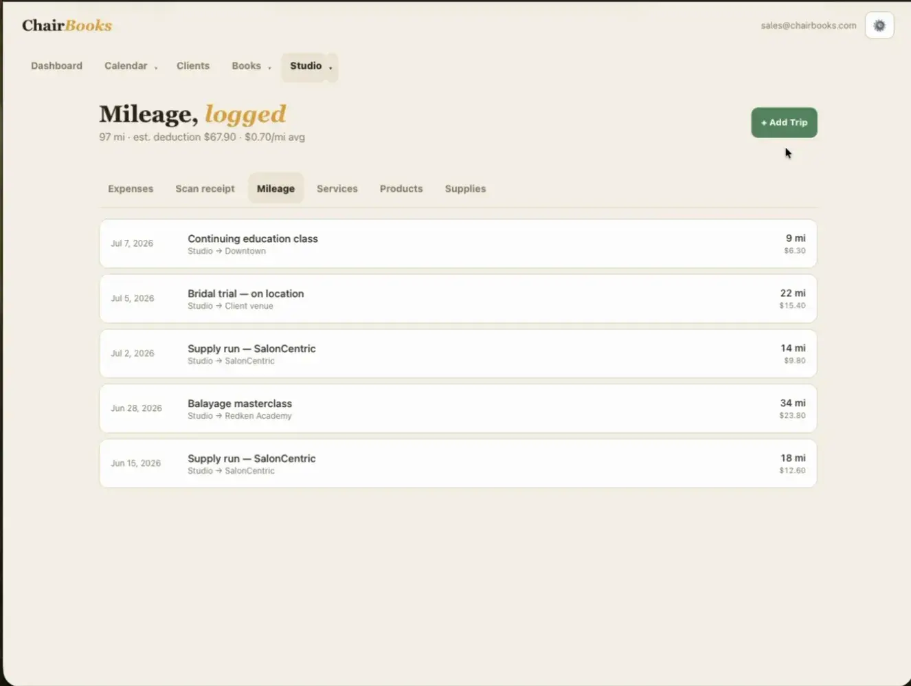 ChairBooks mileage log with per-trip deductions