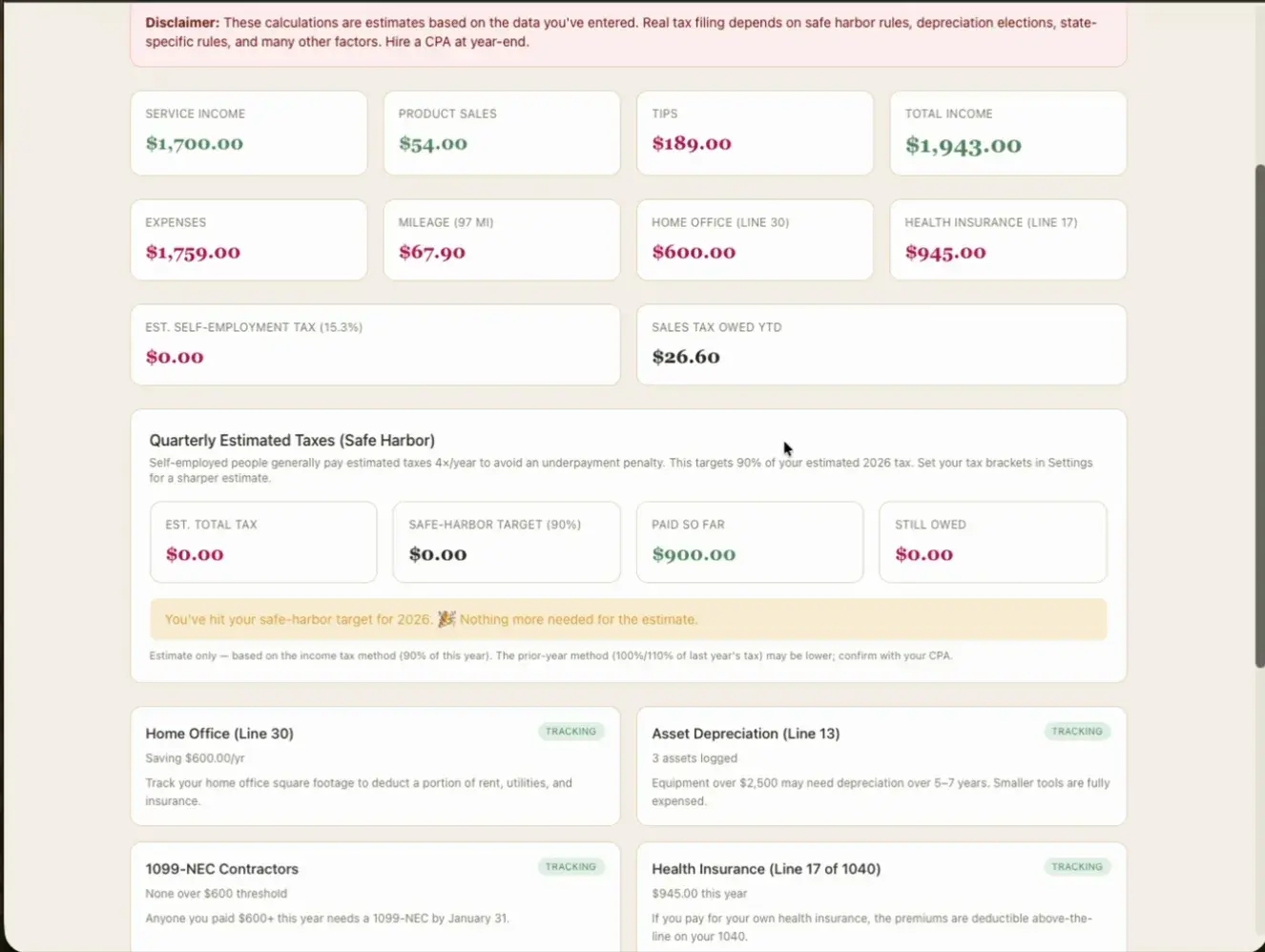 ChairBooks tax-prep view: income and expense totals with quarterly safe-harbor estimates